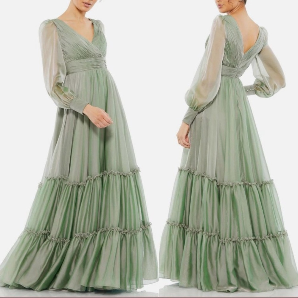 Mac Duggal Peasant Skirt V - Neck Dress, Long Sleeve Sage Gown New with Tags - Picture 5 of 15